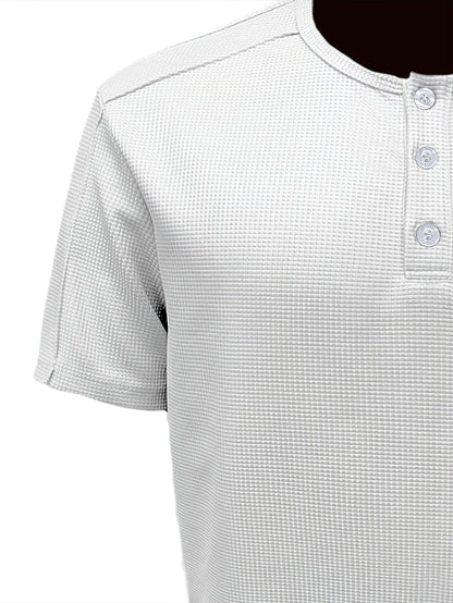 Men'S Long-Sleeve Henry Shirt in Knitted Waffle Style, Featuring Stylish Buttons And a Solid Color, Perfect for High-Quality Casual Outdoor Wear in Spring And Summer.