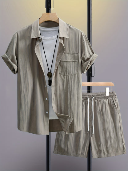 Men's Summer 2pcs Set: Casual Fashion Beige Short Sleeve Collared Shirt & Drawstring Shorts - Lightweight Blend, Ideal for Beach Vacations