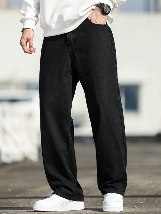 Vintage-Inspired Loose Straight-Leg Jeans for Men, Washed Denim, Non-Stretch Fabric, Casual Style - Machine Washable