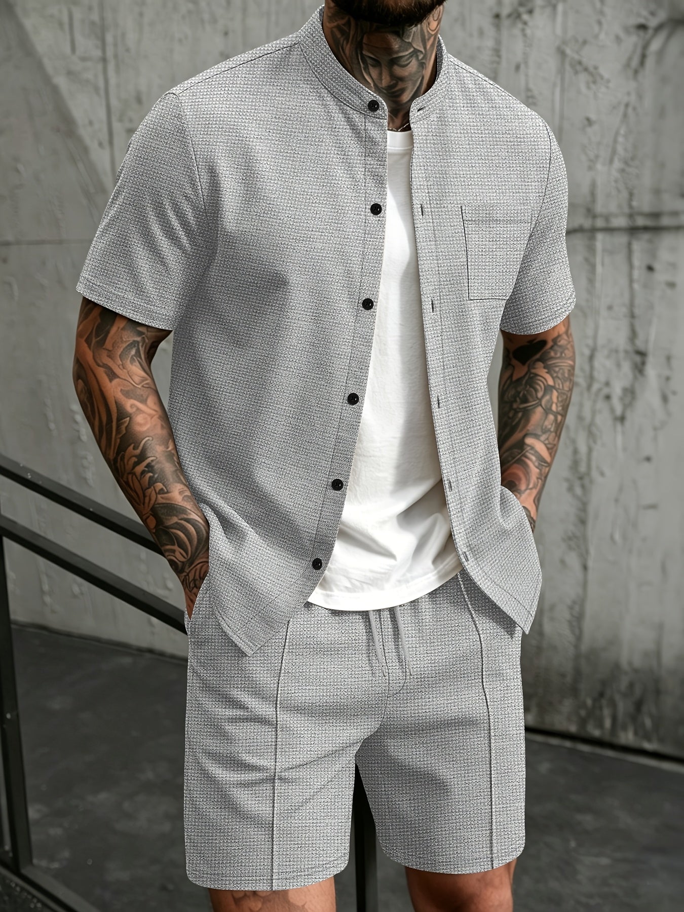 Men's Casual Mandarin Collar Short Sleeve Shirt and Drawstring Pants