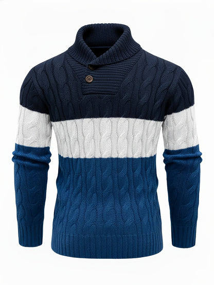 Men's Business Style Color-Block Sweater, Fashionable Trendy Spliced Large Lapel Pullover, Versatile Button-Design Sweatshirt