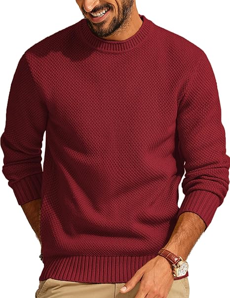 Men's Waffle Knit Crewneck Sweater Textured Pullover