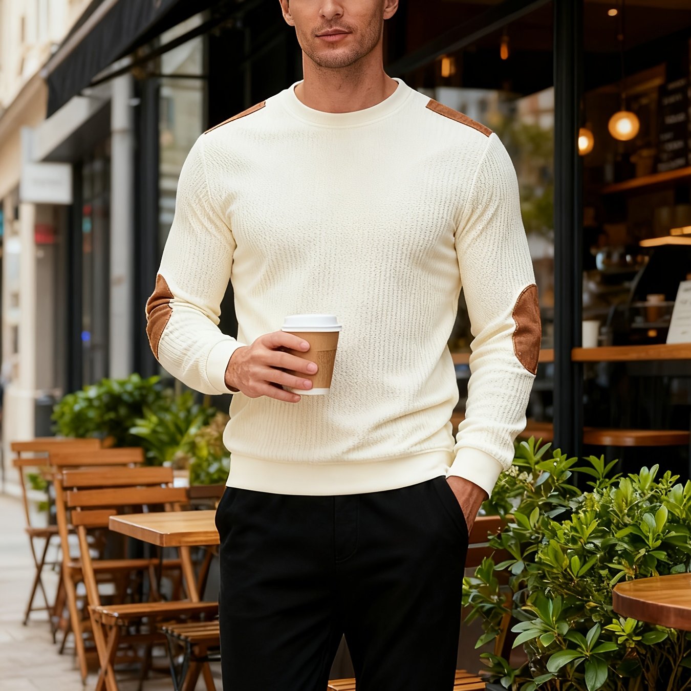 Men'S Classic Fashion Crew Neck Long-Sleeved Top | Light and Comfortable Fabric with Contrast Beige Patches for Enhanced Durability, Regular Fit, Ideal for Daily Leisure, Street Fashion, Outdoor Activities, and Light Fitness