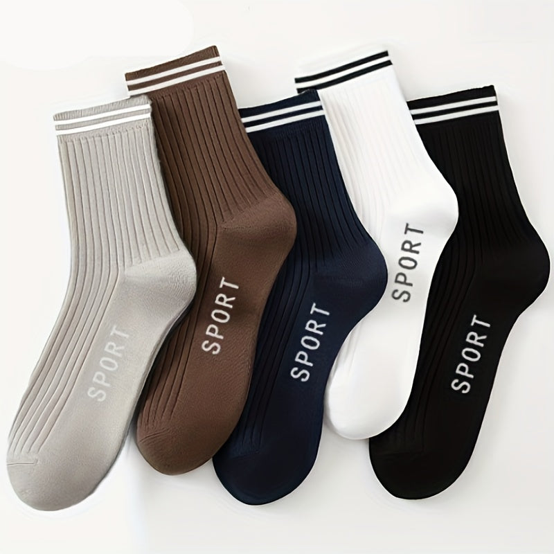 5/10 Pairs Men's Athletic Crew Socks, Striped Polyester Knit Fabric with 5% Spandex, Moisture-Wicking Casual Sports Tube Socks for Spring and Autumn