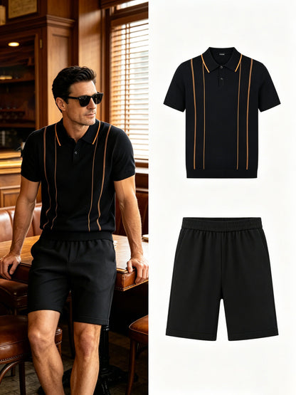 Men's Contrast Knit Polo & Loose Waist Shorts Set, Casual Fit