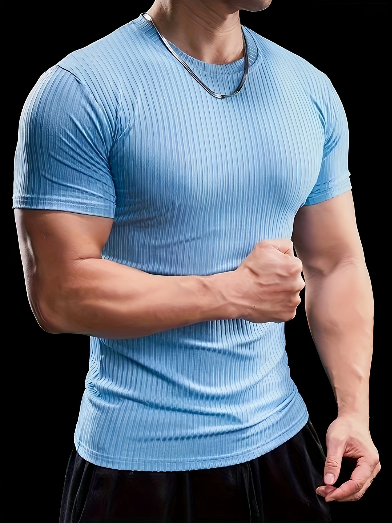 Men's Stretch Fit Short Sleeve T-Shirt - Breathable, Comfortable Polyester Blend, Solid Blue, Crew Neck, Casual  Sporty Style for Spring/Summer