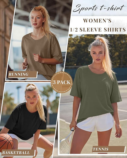 Women's Cotton Oversized Half Sleeve Crew Neck Tees - 3 Pack