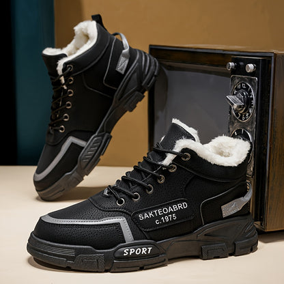 Mid-Top Fleece-Lined Comfortable Warm Gripper Sole Casual Winter Boots for Men and Women, Striped Design. Suitable for Extreme Cold Weather Snowy Conditions with Thick Insulation Lace Closure Anti Slip Durable PVC Outsole Hun