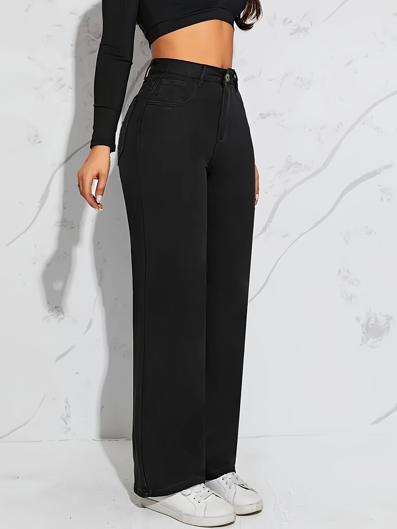 Women's High-Waisted Wide Leg Jeans, Fabric Blend, Polyester, Viscose, Classic Style, Machine Washable, No Stretch, Solid Color, Four Seasons, Zipper Closure, Casual Outwear