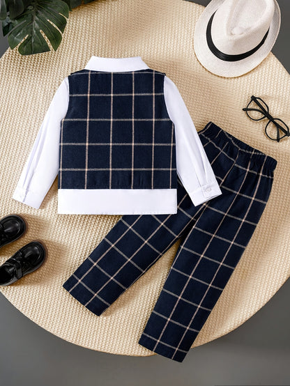 Toddler Boys 3-Piece Gentleman Set Navy Plaid Vest & Trousers