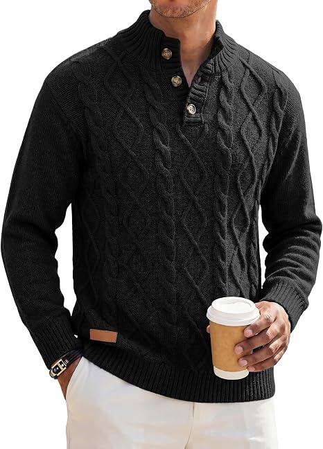Men's Cable Knit Henley Sweater with Ribbed Stand Collar