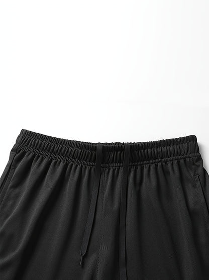 2pcs Men's Summer Sportswear Set - Comfortable Polyester Crew Neck T-Shirt & Black Drawstring Shorts with Side Stripe, Casual Style, Easy Care, Athletic Shorts