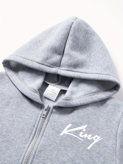 2pcs children's autumn and winter velvet zipper hooded shirt + pants, letter print boys' fashionable casual sports suit, suitable for jogging and daily wear