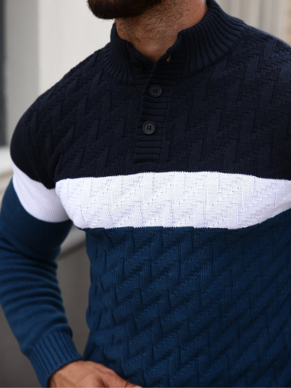 Տղամարդու կանգնած օձիքով սվիտեր | Առօրյա նորաձև քառորդ կոճակով կարված տրիկոտաժե հագուստ երկրաչափական նախշերով, երկար թևքերով, սովորական չափսի՝ աշուն/ձմեռ համար