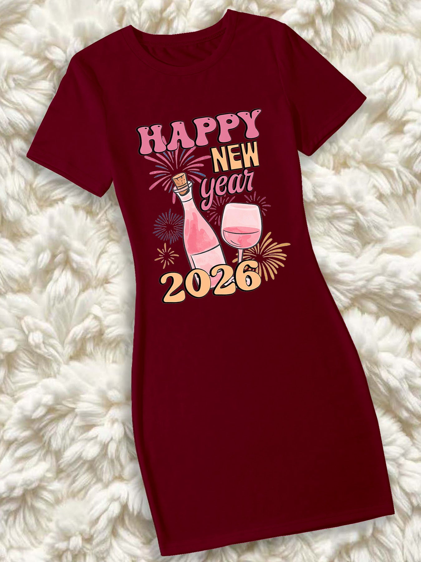 Women'S Elegant 2026 New Year Print Maxi Dress - Short Sleeve Round Neck Long Dress with Happy New Year 2026 Design, Vibrant Pink & Golden Sparklers & Confetti, Casual Party Outfit For Christmas, New Year'S Eve, Or Everyday W