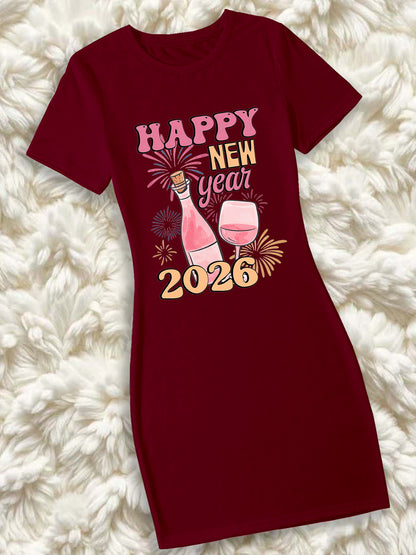 Women'S Elegant 2026 New Year Print Maxi Dress - Short Sleeve Round Neck Long Dress with Happy New Year 2026 Design, Vibrant Pink & Golden Sparklers & Confetti, Casual Party Outfit For Christmas, New Year'S Eve, Or Everyday W