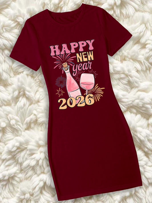 Women'S Elegant 2026 New Year Print Maxi Dress - Short Sleeve Round Neck Long Dress with Happy New Year 2026 Design, Vibrant Pink & Golden Sparklers & Confetti, Casual Party Outfit For Christmas, New Year'S Eve, Or Everyday W