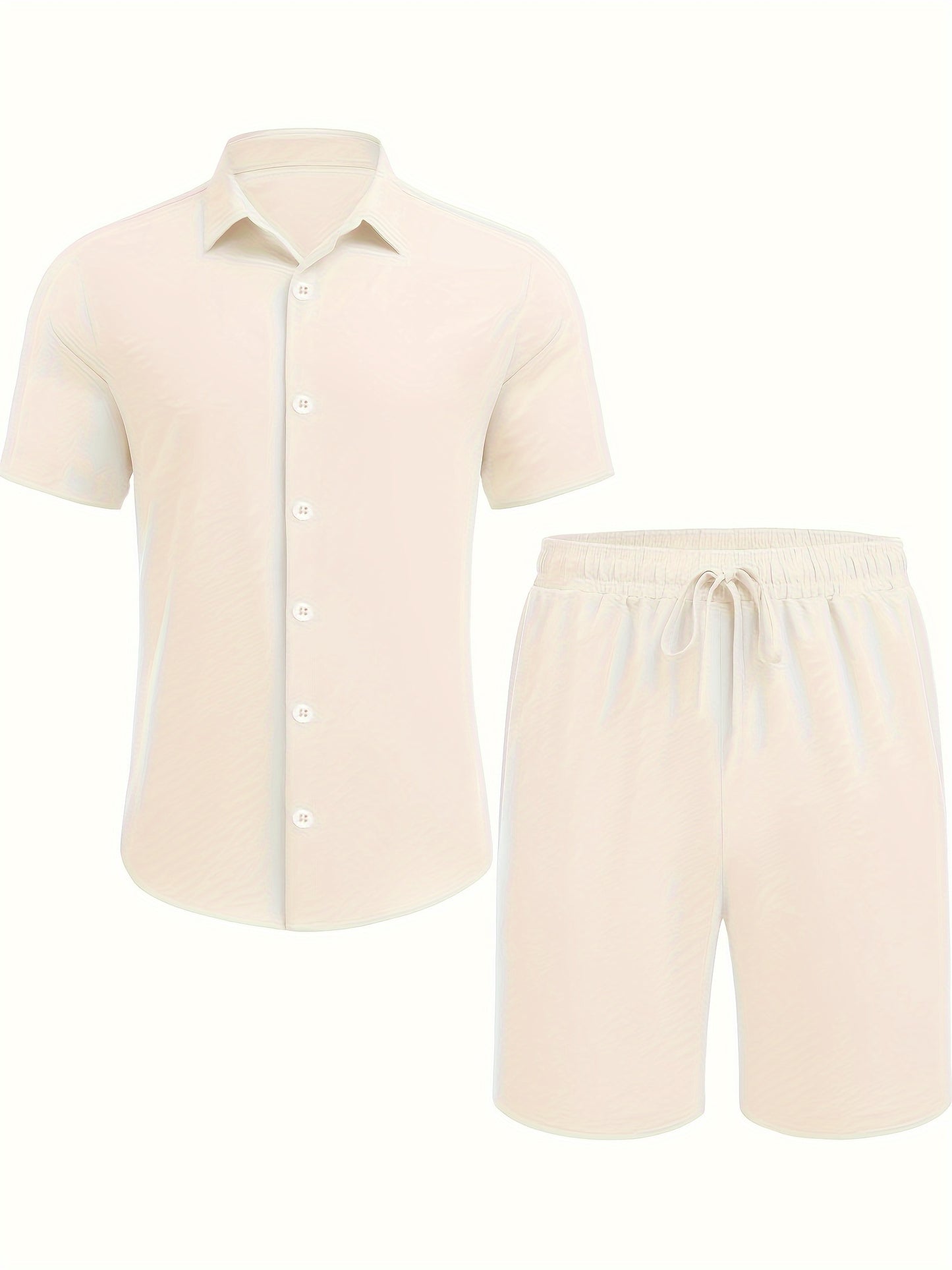 Men'S 2pcs Summer Beach Set, Cotton Linen Blend, Casual Short Sleeve Button- Shirt and Shorts, Solid Color, Lapel Collar, Non-Stretch Fabric, Regular Fit, Woven, 160g/m² - Loungewear Outfit