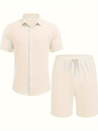Men'S 2pcs Summer Beach Set, Cotton Linen Blend, Casual Short Sleeve Button- Shirt and Shorts, Solid Color, Lapel Collar, Non-Stretch Fabric, Regular Fit, Woven, 160g/m² - Loungewear Outfit