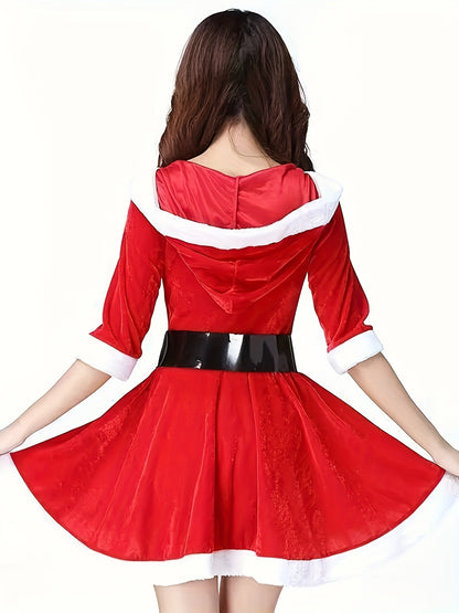 Women'S Elegant Red & Poinsettia Christmas Hooded V-Neck Party Dress with Belt - Sexy Temptation Outfit for Nightclub, Bar, Holiday Events - All-Season Formal &