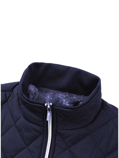 Men'S Diamond Pattern Fleece-Lined Jacket | Casual Stand Collar Warm Coat with Zipper Closure for Autumn and Winter