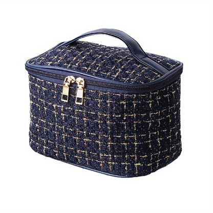 Elegant Plaid Cosmetic Bag - Large Capacity Travel Makeup Organizer with Dual Zippered Compartments, Portable Toiletry Storage in Light Blue/White/Pink/Red/Navy/Black, Polyester Material, Hand Wash or Dry Clean, Toiletry Trav