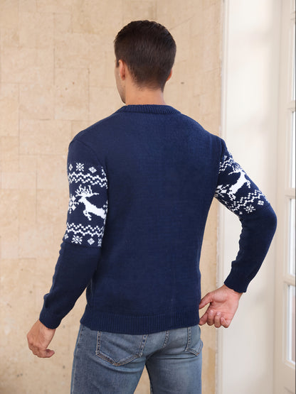 Men's Elegant Winter Sweater - Dark Brown/Black/Blue/Gray/ Navy Blue/ - Button-Up Knit Sweater with Deer & Snowflake Patterns, Long Sleeve Casual Formal Christmas Party Outfits - Spring/Fall Sweater for Everyday or Formal Eve