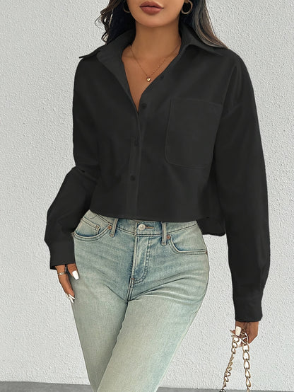 Elegant Women'S Solid Color Short Blouse with Front Pocket, 100% Polyester Woven Shirt, Versatile All-Season Top with Collared Neckline and Button-Up Closure