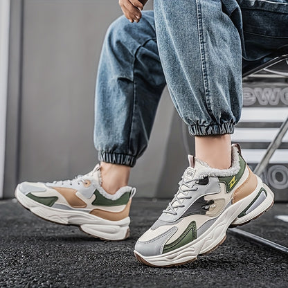 Men's Winter Sneakers with Plush Collar - Beige/Grey/Green PU Upper, Thick Rubber Sole & Traction Tread - Low-Top Lace-Up Warm Shoes for Cold Weather, Casual & Sports (White Accent)