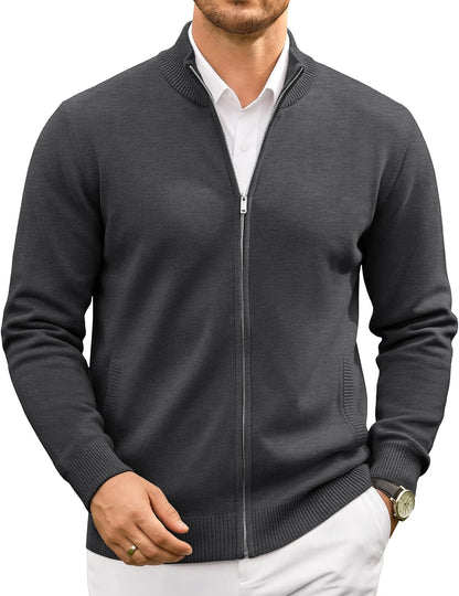 Men's Full Zip Mock Neck Cardigan Sweater with Pattern