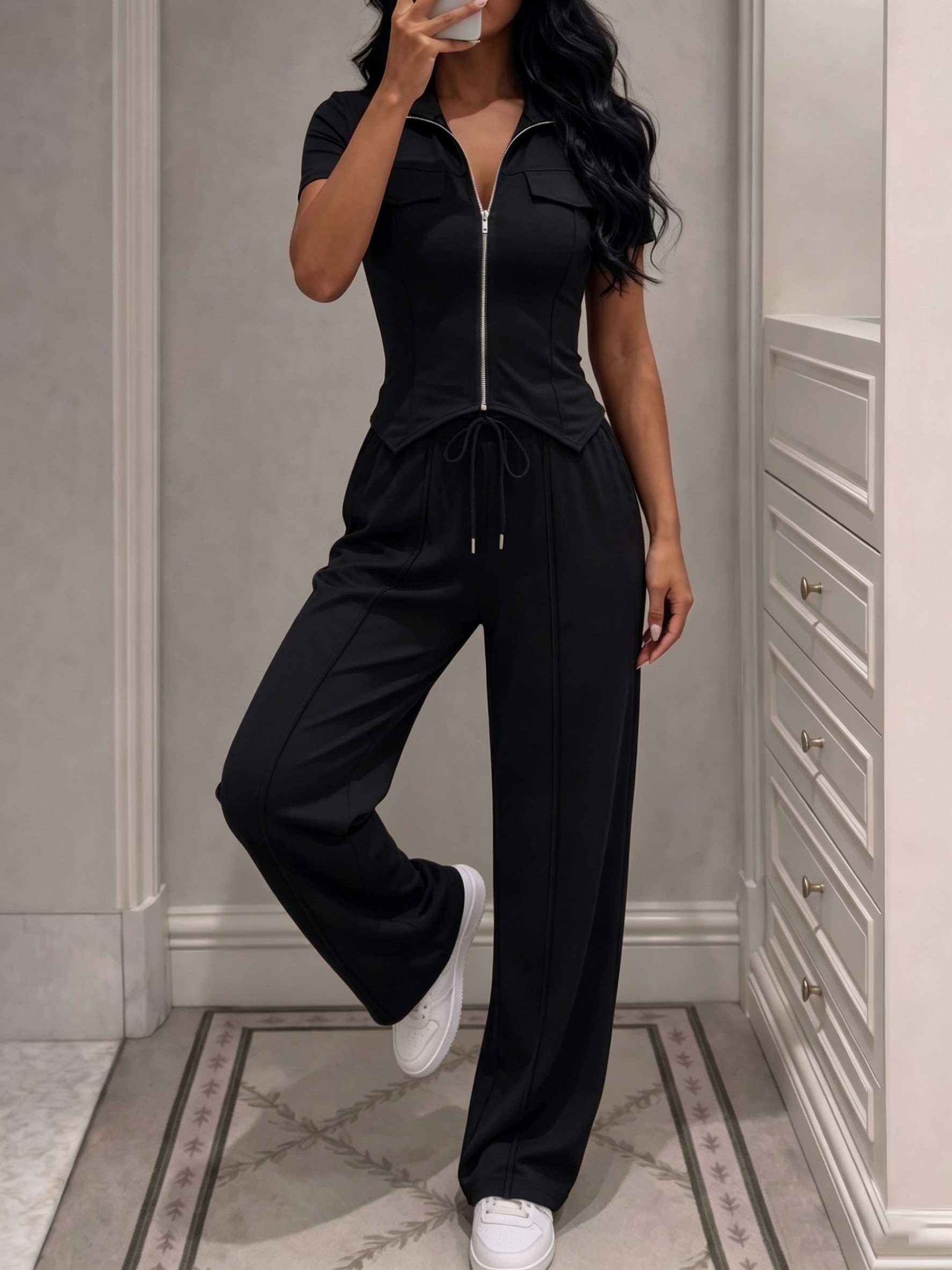 Women's Casual Zipper Two-Piece Set for Spring Summer - ayq