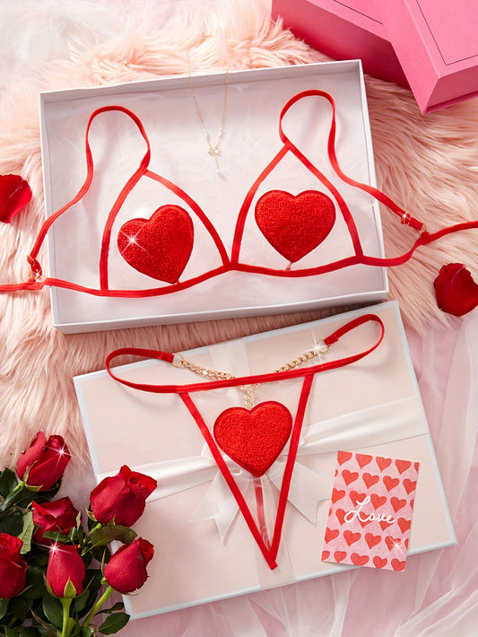 2pcs Christmas Red Love Sexy Underwear Set, Sheer Mesh Bra & Golden Chain Thong, Women'S Sexy Lingerie & Underwear