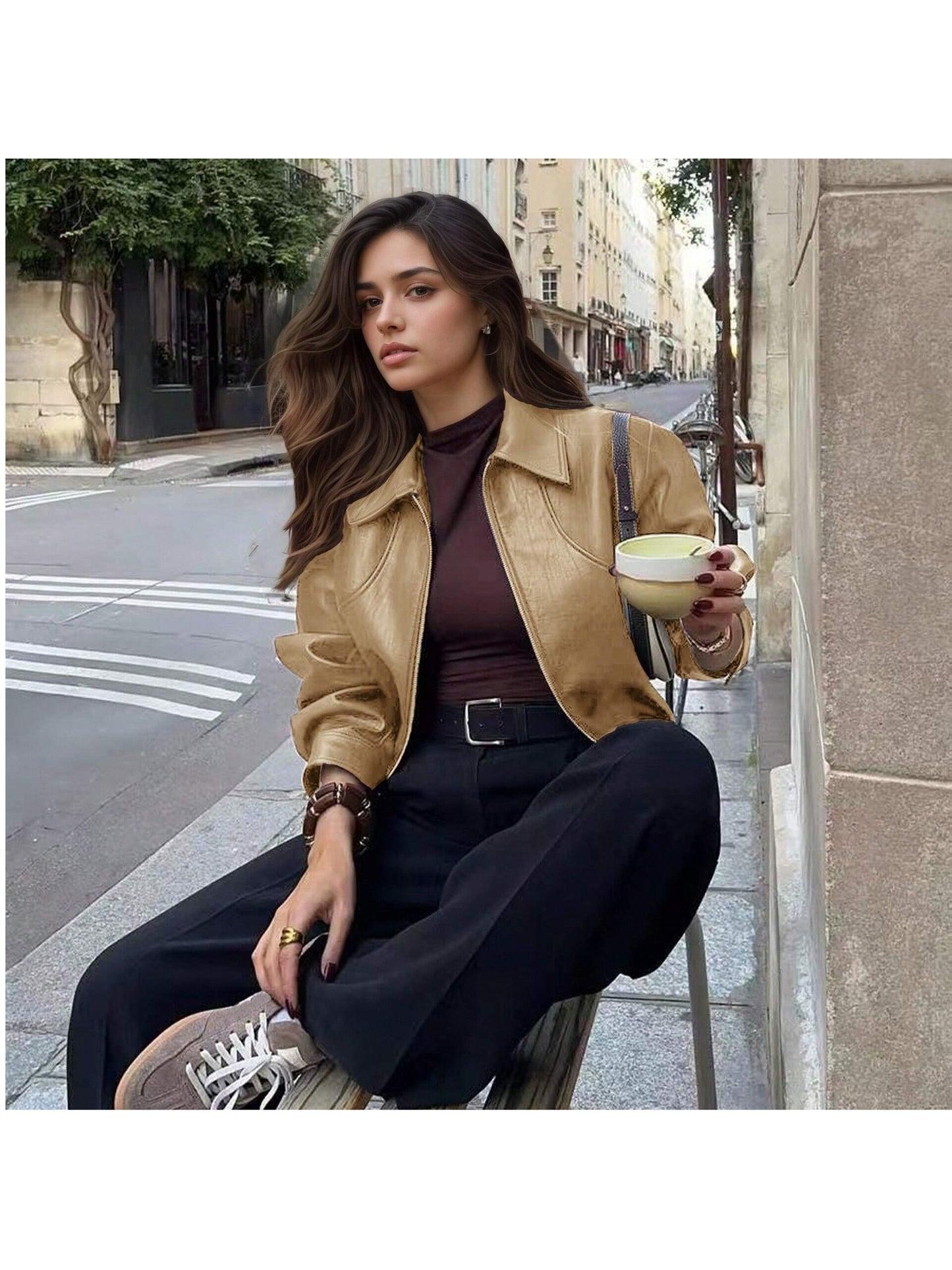 Women's Burgundy Retro-Casual Cropped Jacket with Lapel & Zipper