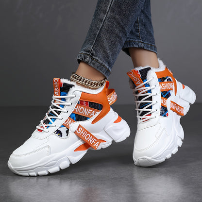 Women's Geometric Waterproof Snow Sneakers, Shock-Resistant Microfiber Upper, Flannel Lined, EVA Sole, Autumn & Winter High-Top Plush Fashion Shoes from Quanzhou