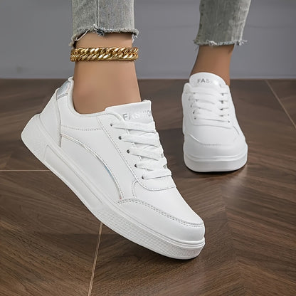 Women'S Chic White Sneakers - Stylish Low-Top Lace-Up Casual Shoes with Golden Accents, Lightweight All-Season Footwear, Waterproof, Non-Slip, Round Toe Design for Everyday, Sports, and Office Wear, Everyday Sneakers | Chic W