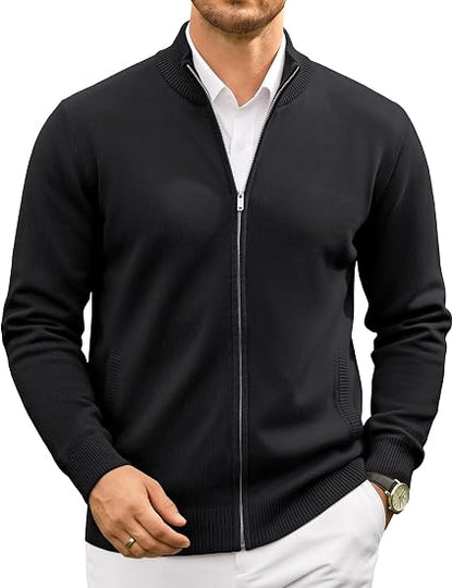 Men's Full Zip Mock Neck Cardigan Sweater with Pattern