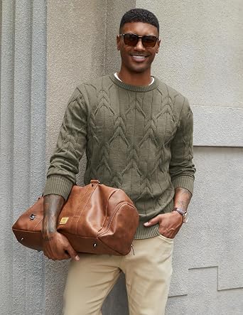 Men's Cable Knit Crewneck Sweater Pullover Long Sleeve