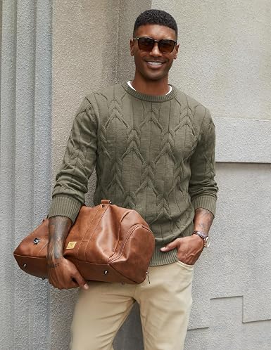 Men's Cable Knit Crewneck Sweater Pullover Long Sleeve