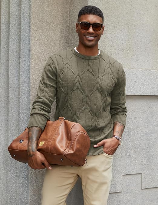 Men's Cable Knit Crewneck Sweater Pullover Long Sleeve