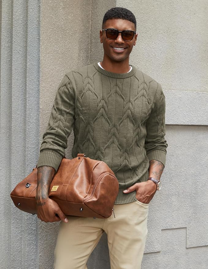Men's Cable Knit Crewneck Sweater Pullover Long Sleeve