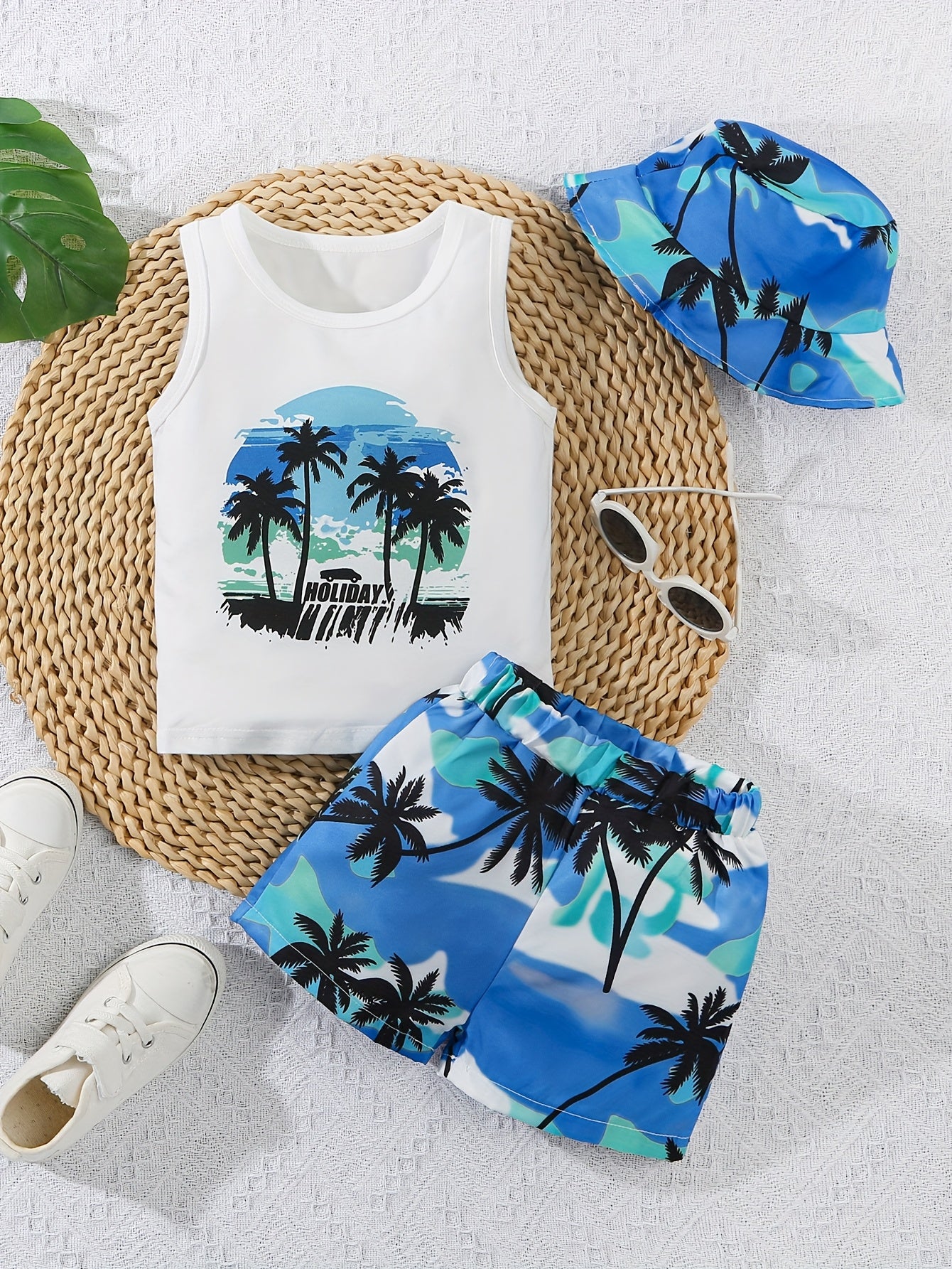 Boys' Summer Vacation Vest, Shorts & Hat Set with Coconut Tree Print