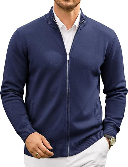 Men's Full Zip Mock Neck Cardigan Sweater with Pattern