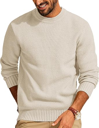 Men's Waffle Knit Crewneck Sweater Textured Pullover