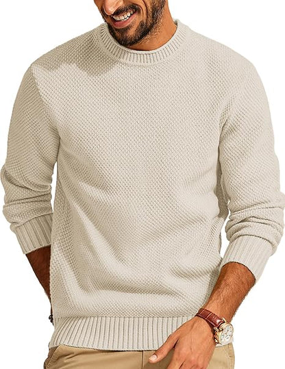 Men's Waffle Knit Crewneck Sweater Textured Pullover