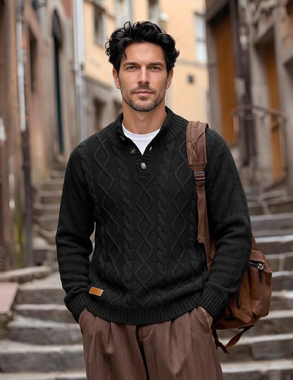 Men's Cable Knit Henley Sweater with Ribbed Stand Collar