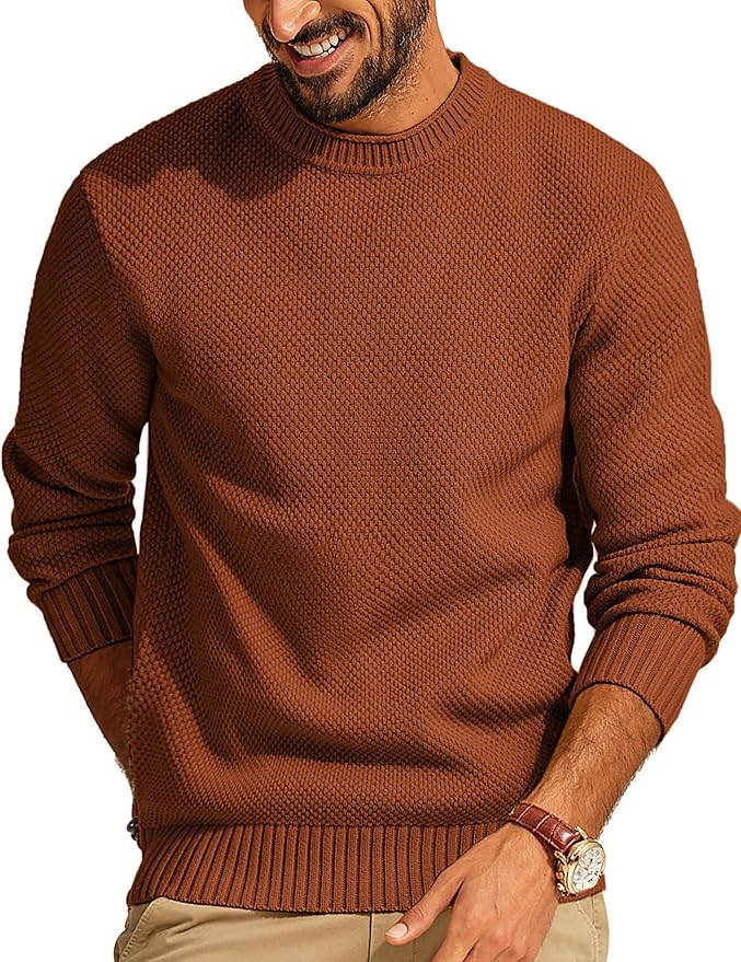 Men's Waffle Knit Crewneck Sweater Textured Pullover