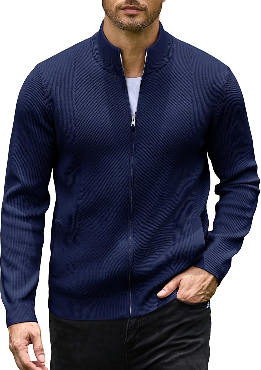 Men's Casual Zip-Up Knitted Cardigan Sweater with Stand Collar