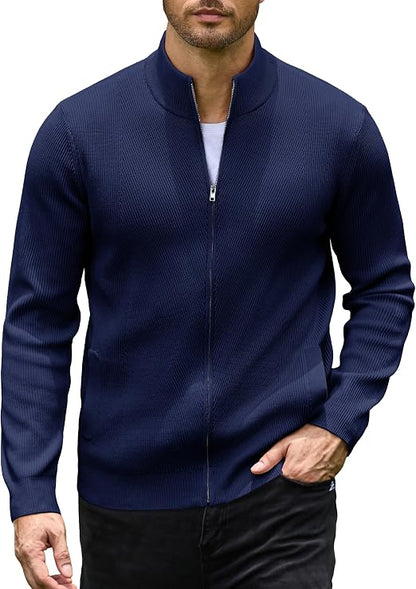Men's Casual Zip-Up Knitted Cardigan Sweater with Stand Collar