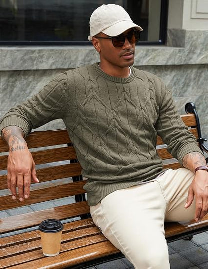 Men's Cable Knit Crewneck Sweater Pullover Long Sleeve
