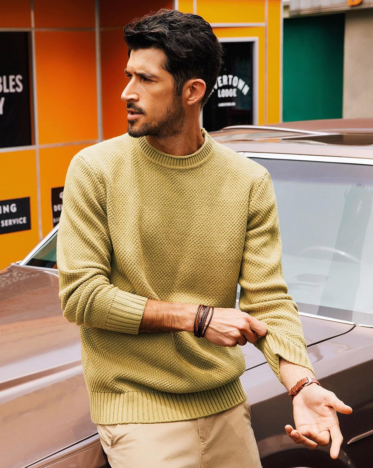 Men's Waffle Knit Crewneck Sweater Textured Pullover